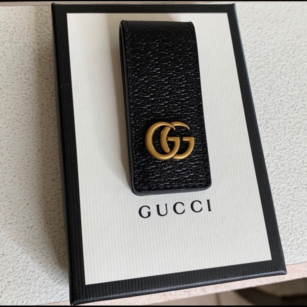Gucci Money Clip GG Leather Black Gold Wallet